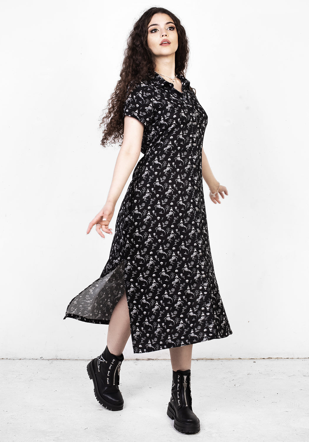 Black Skeletal Print Shirt Dress with Classic Collar | MAKEBELIEVE