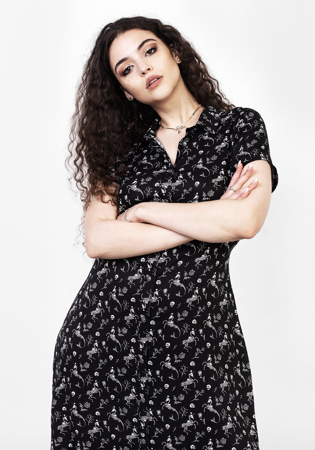 Black Skeletal Print Shirt Dress with Classic Collar | MAKEBELIEVE