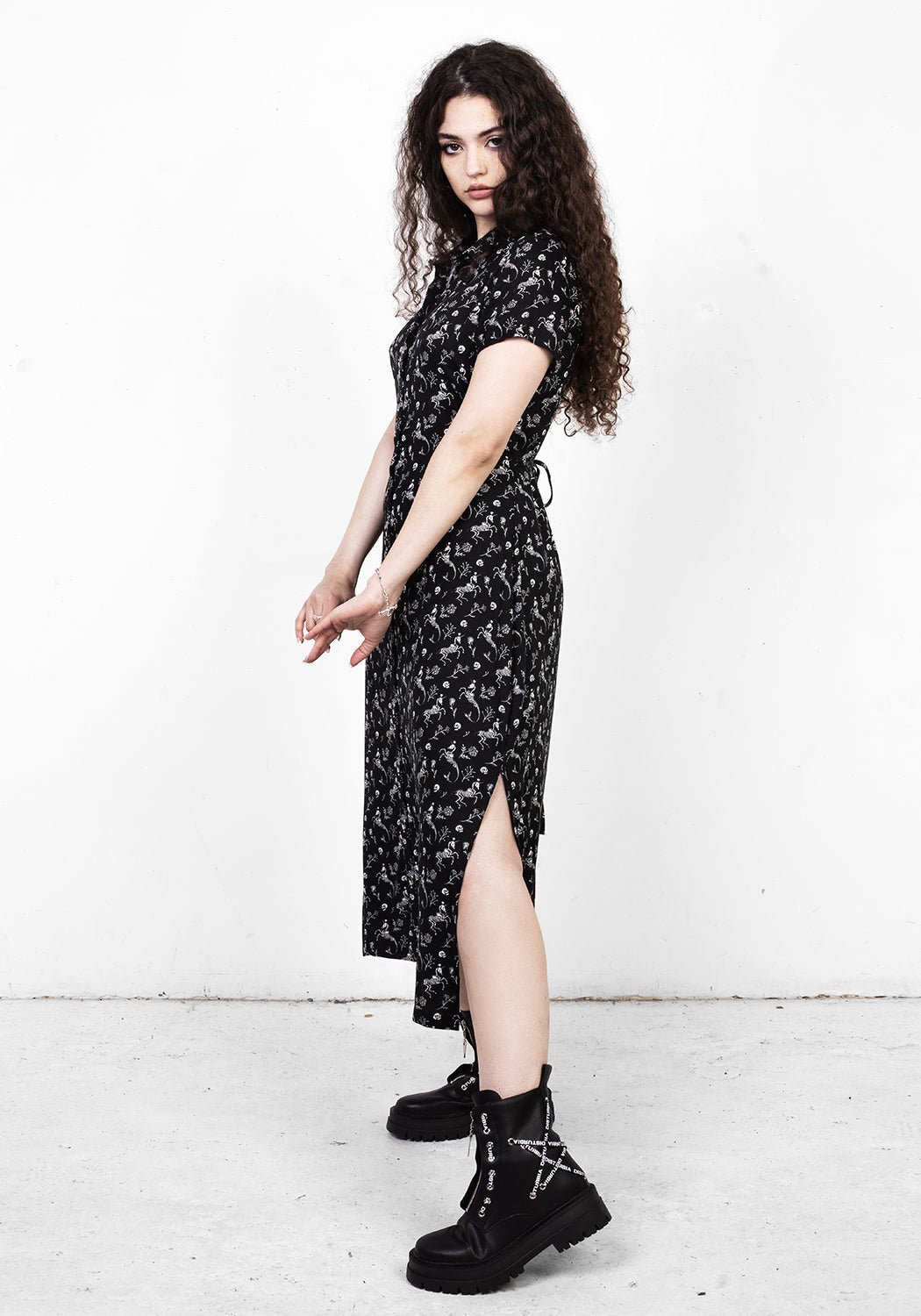 Black Skeletal Print Shirt Dress with Classic Collar | MAKEBELIEVE