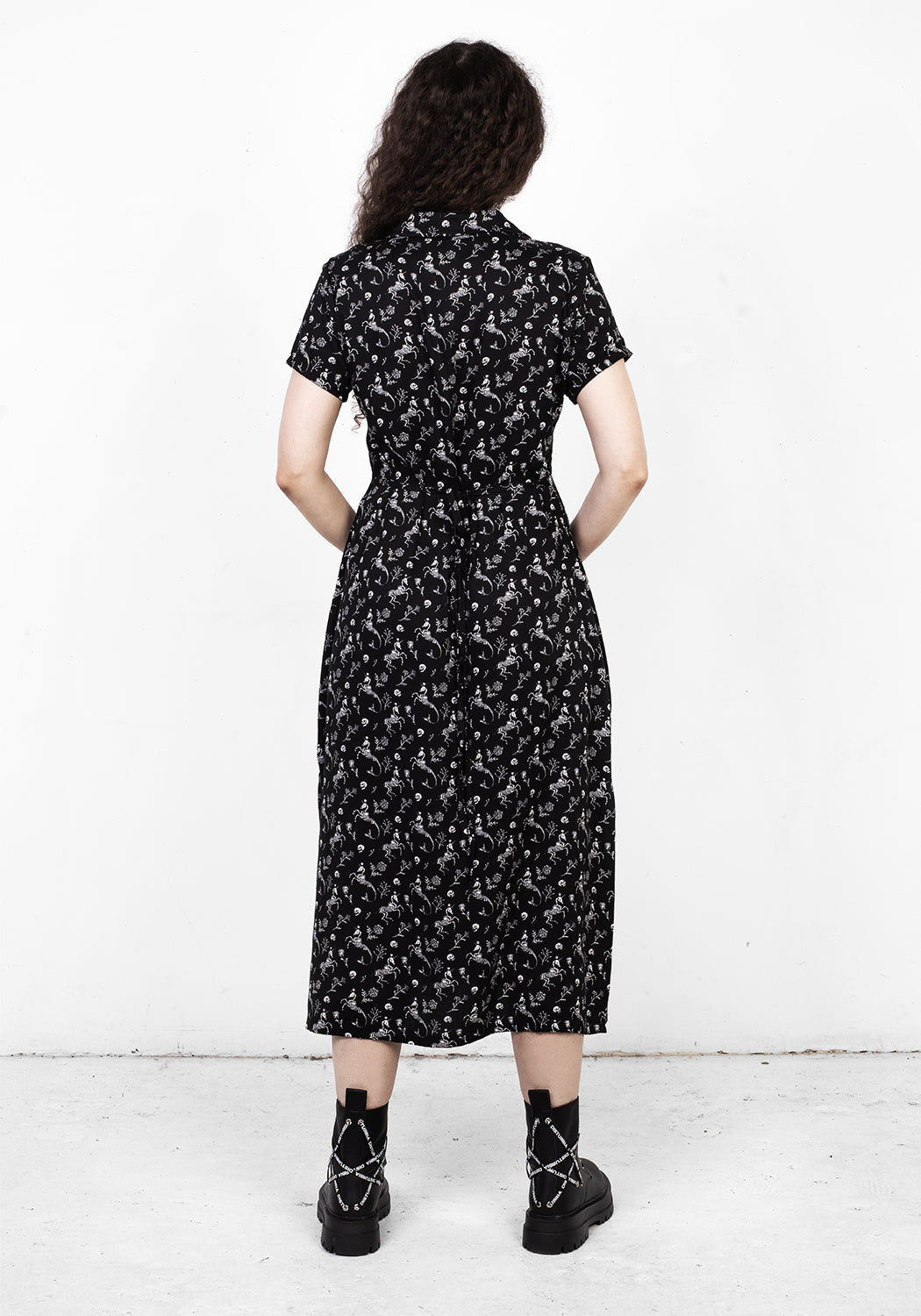 Black Skeletal Print Shirt Dress with Classic Collar | MAKEBELIEVE