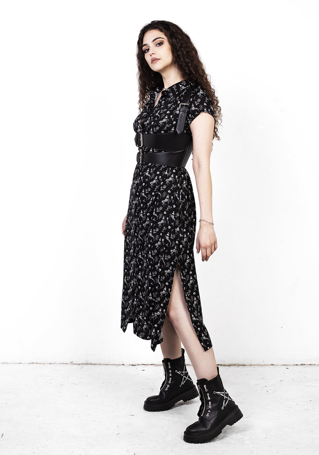 Black Skeletal Print Shirt Dress with Classic Collar | MAKEBELIEVE