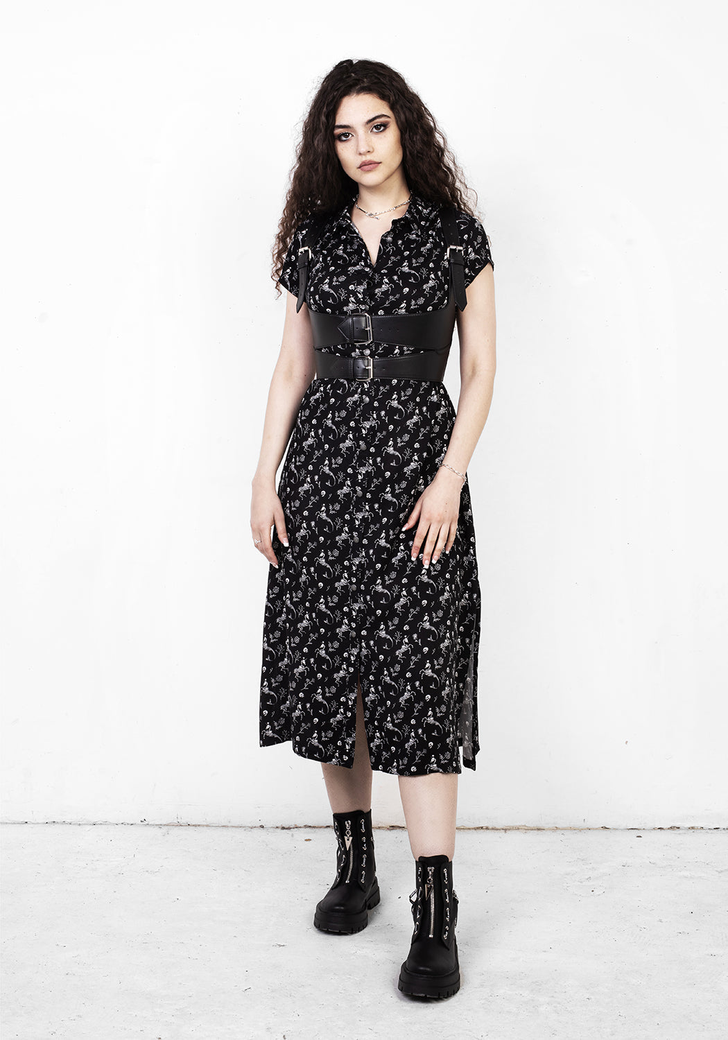 Black Skeletal Print Shirt Dress with Classic Collar | MAKEBELIEVE