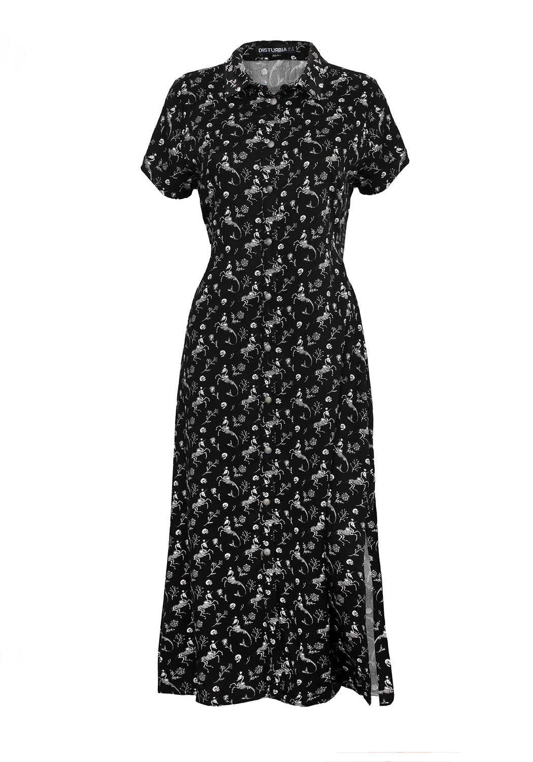 Black Skeletal Print Shirt Dress with Classic Collar | MAKEBELIEVE