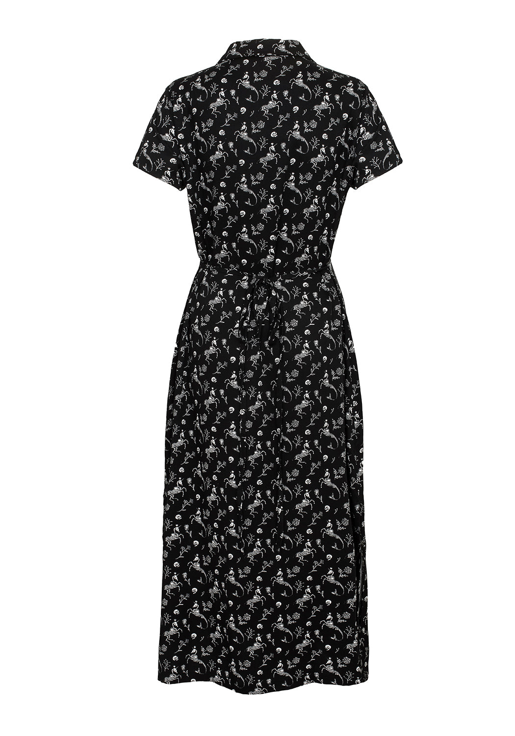 Black Skeletal Print Shirt Dress with Classic Collar | MAKEBELIEVE
