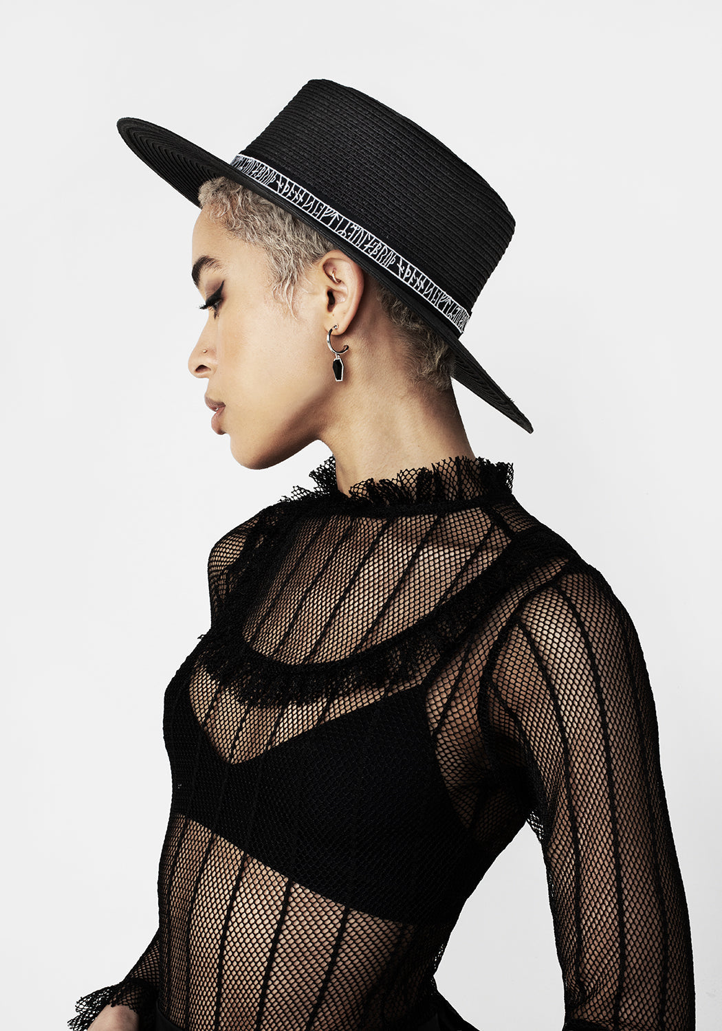 Black Boater Hat with Embroidered Rune Band | Breathable Paper Fibers