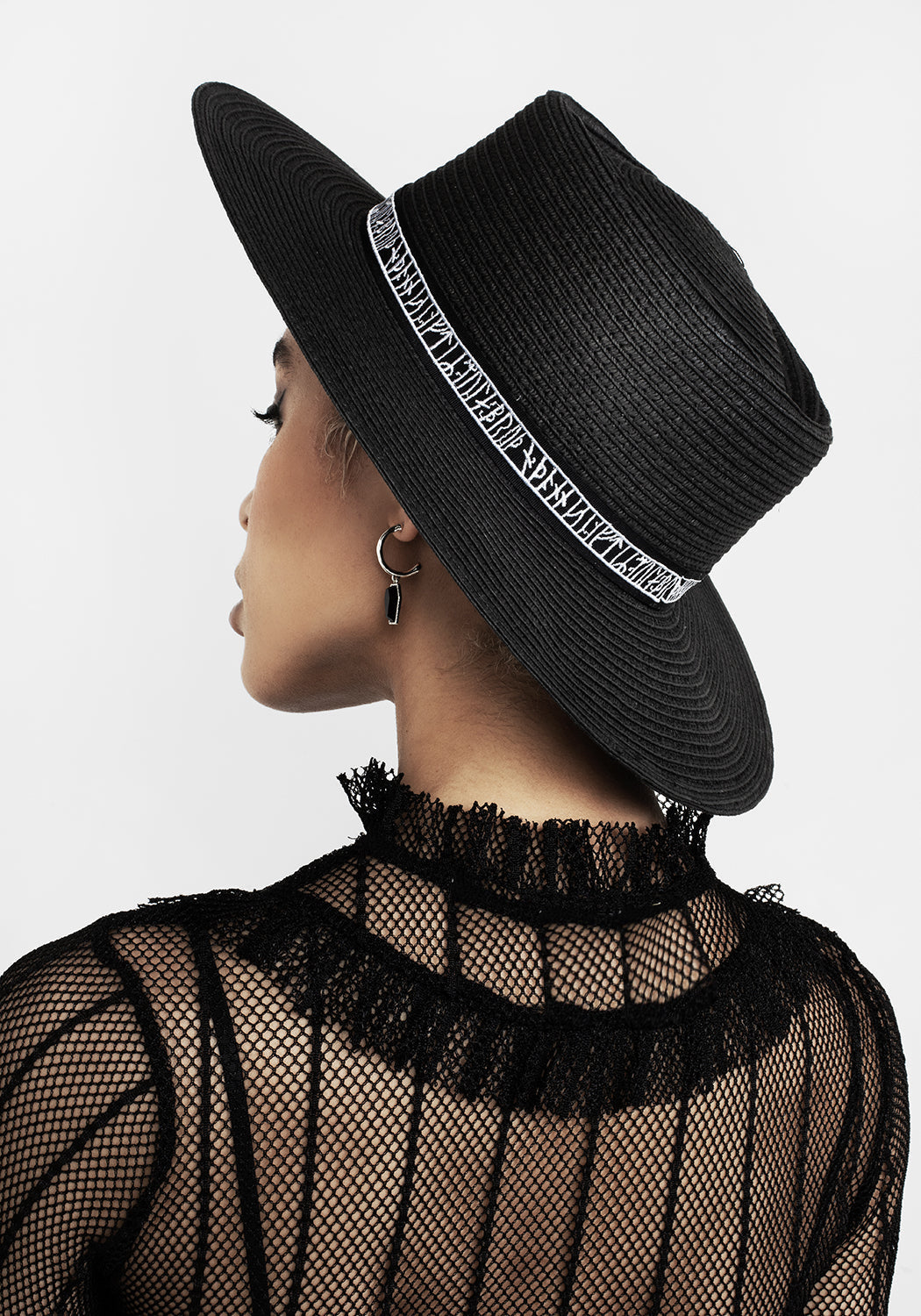 Black Boater Hat with Embroidered Rune Band | Breathable Paper Fibers
