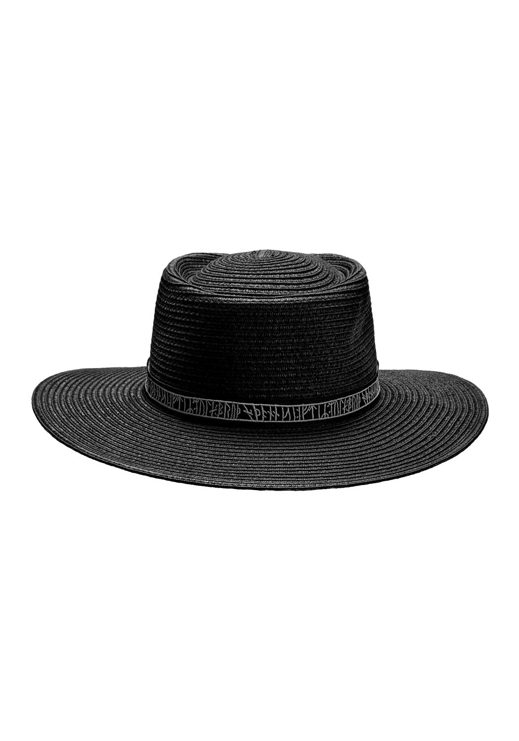 Black Boater Hat with Embroidered Rune Band | Breathable Paper Fibers