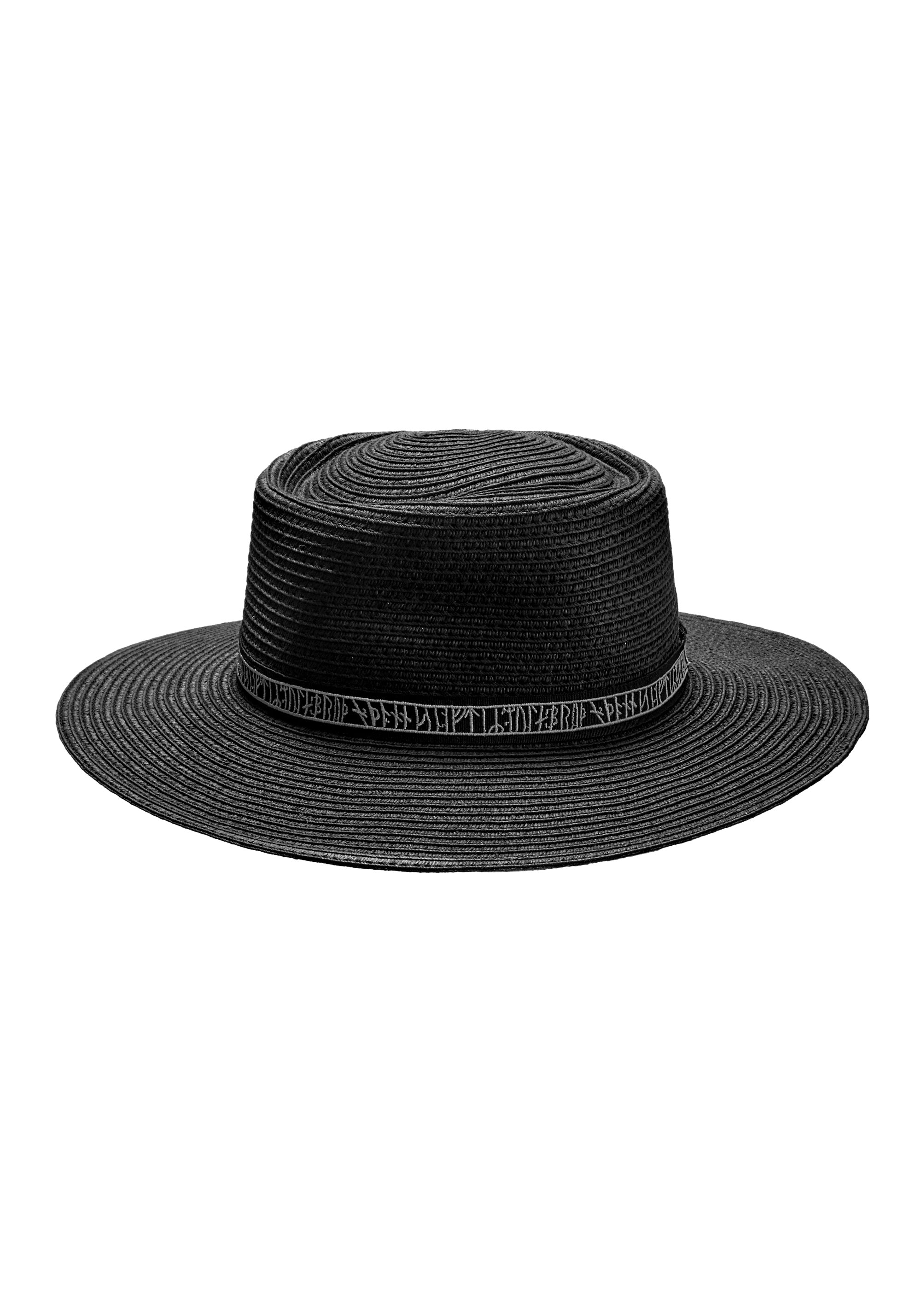 Black Boater Hat with Embroidered Rune Band | Breathable Paper Fibers