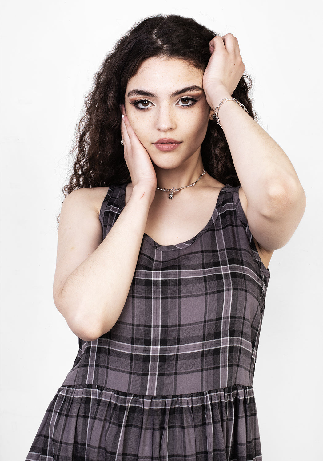 Grey Tartan Mini Dress with Elastic Waist & Scoop Neck | Dolly Check