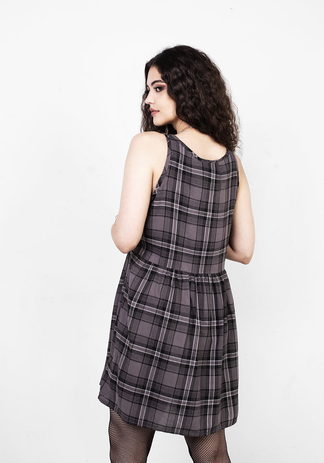 Grey Tartan Mini Dress with Elastic Waist & Scoop Neck | Dolly Check