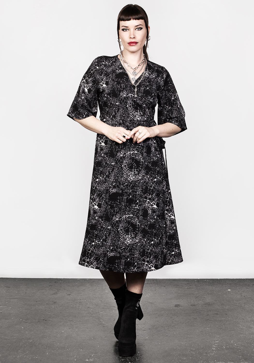 Black Wrap Midi Dress with Flared Sleeves & Glass Print | Spellwork