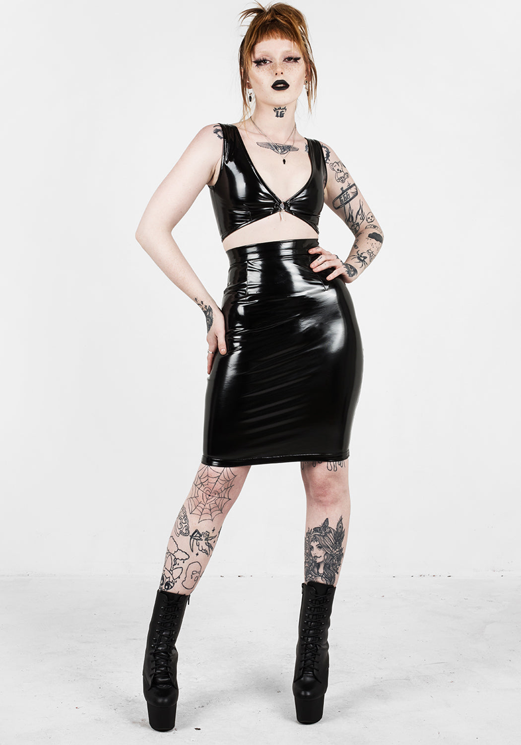 Black Vinyl Midi Skirt with Silver Zipper & O-Ring | Dominion
