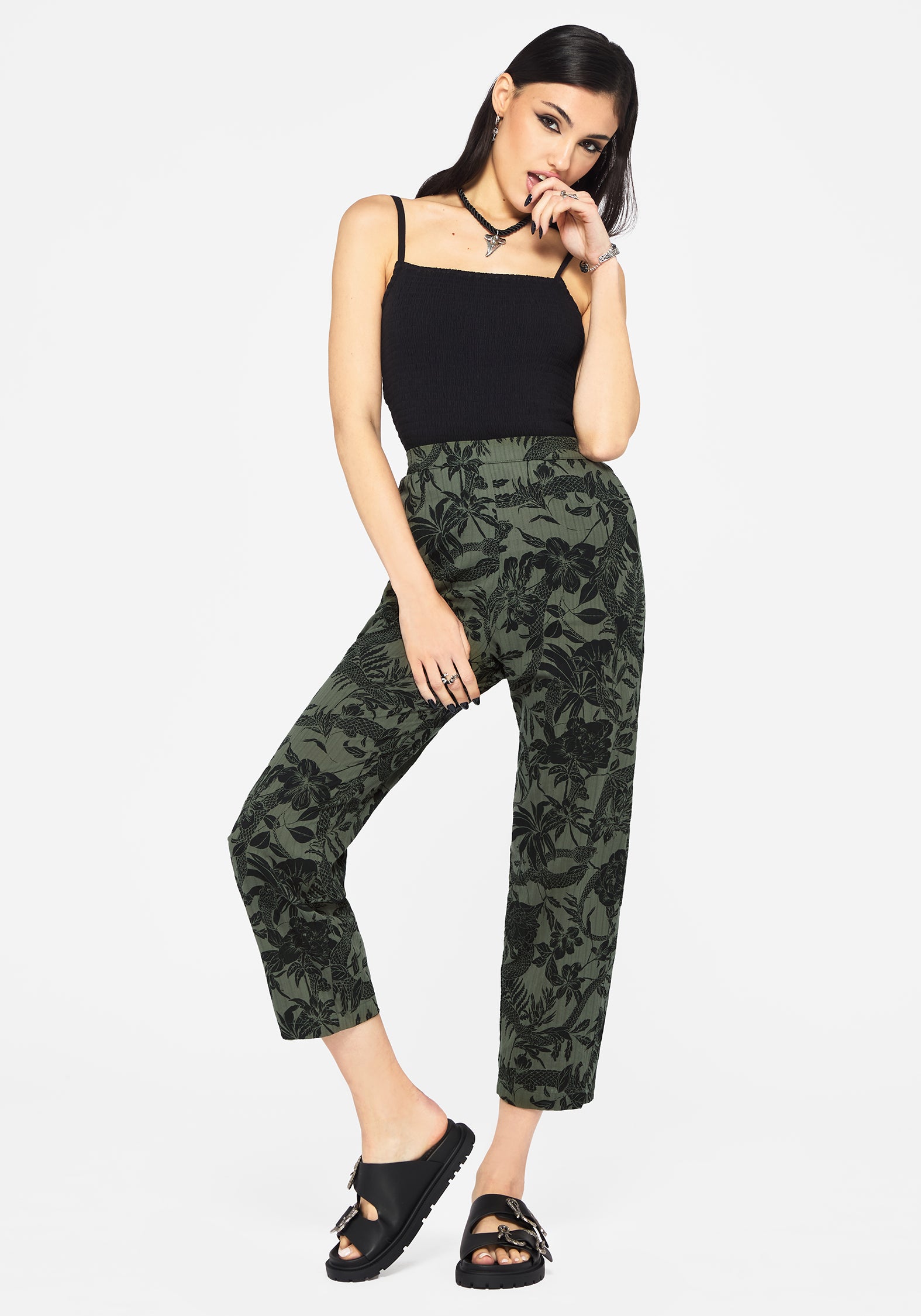 Soft Tapered Trousers with Elastic Waist & Pockets | Bashe Green