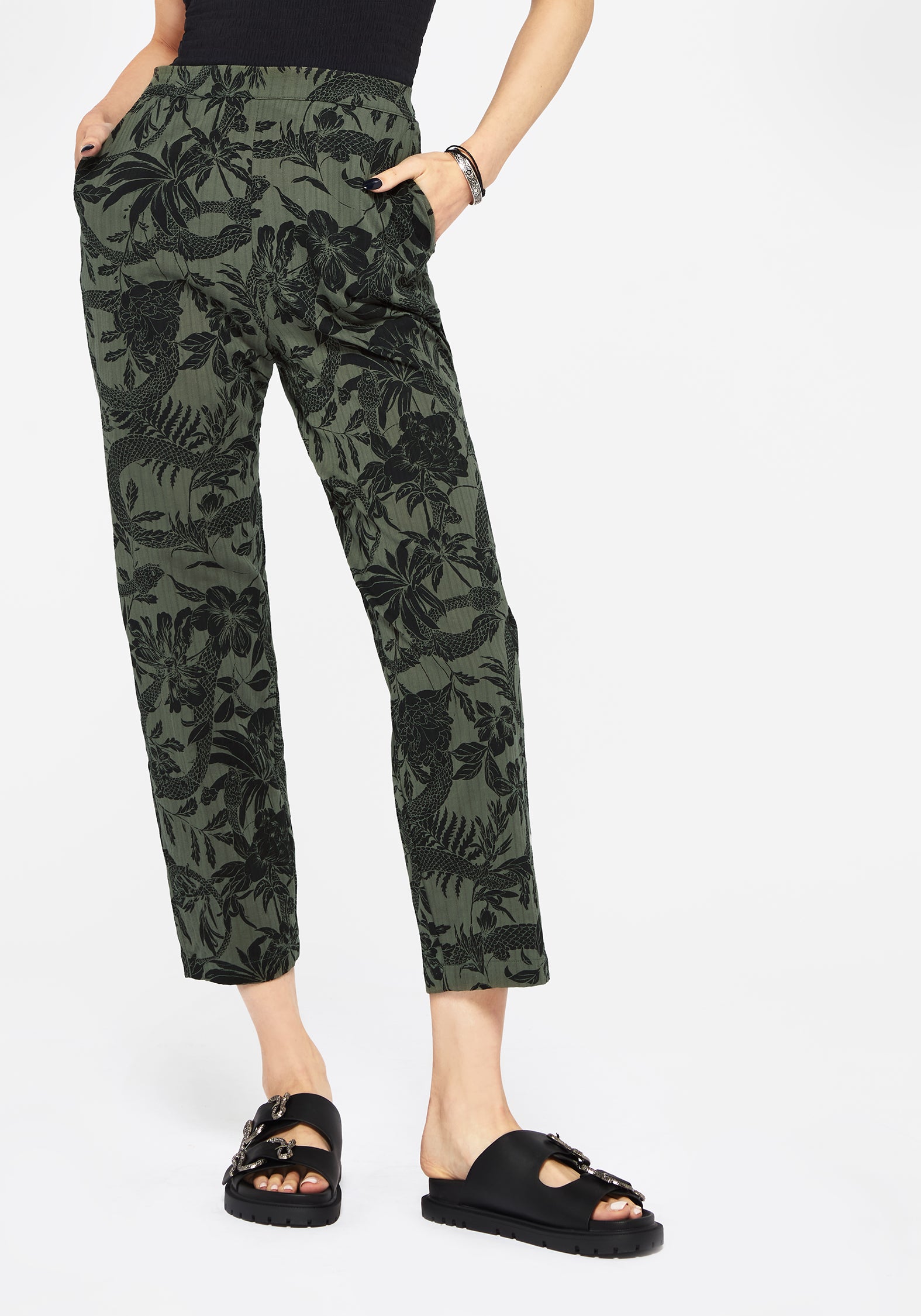 Soft Tapered Trousers with Elastic Waist & Pockets | Bashe Green