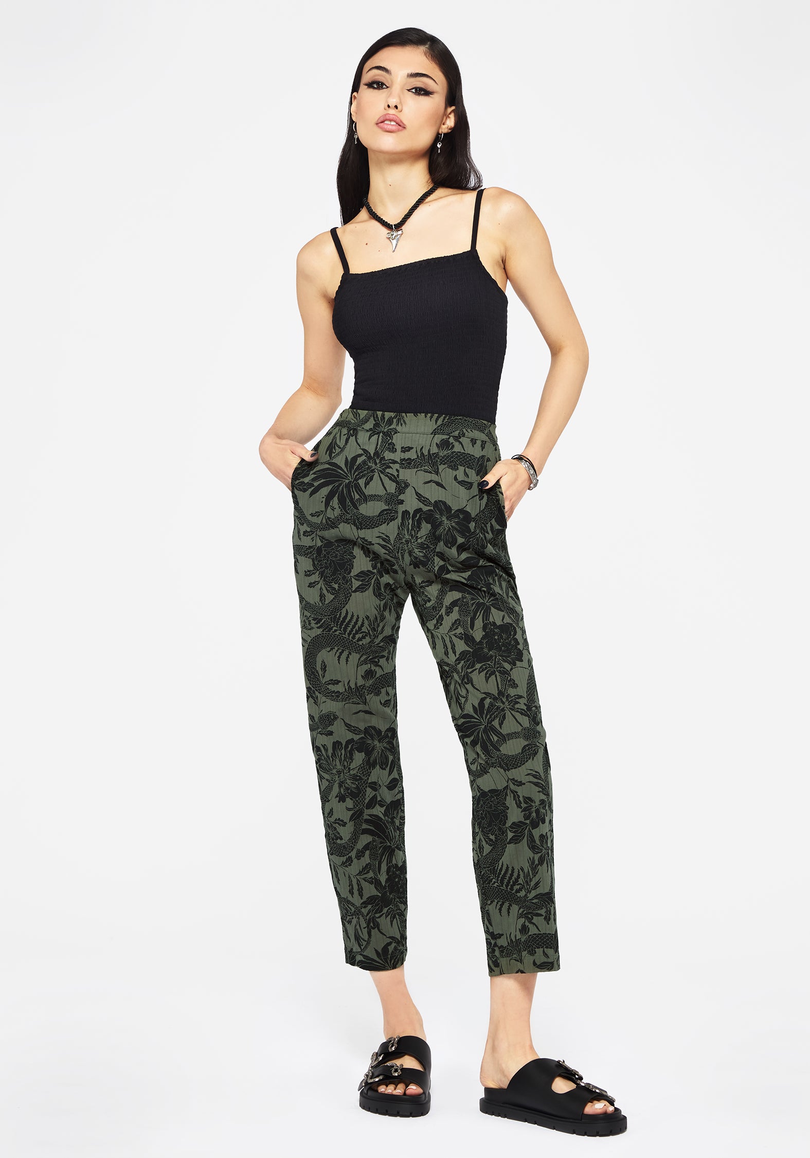 Soft Tapered Trousers with Elastic Waist & Pockets | Bashe Green