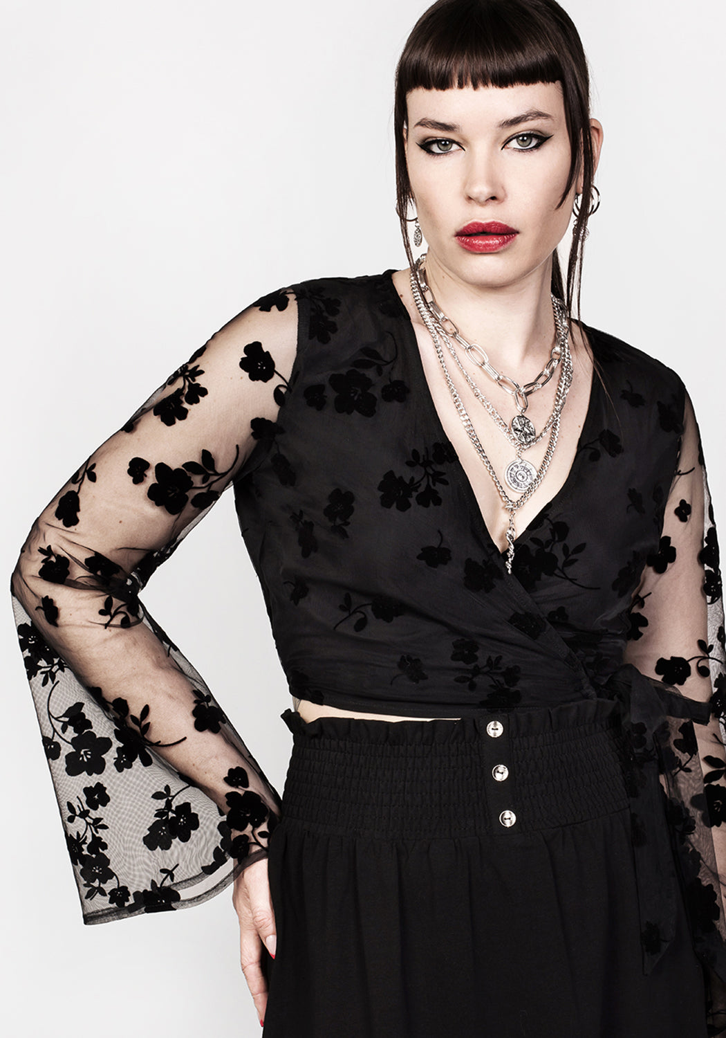 Flocked Floral Wrap Crop Top with Sheer Mesh Sleeves | Stevie