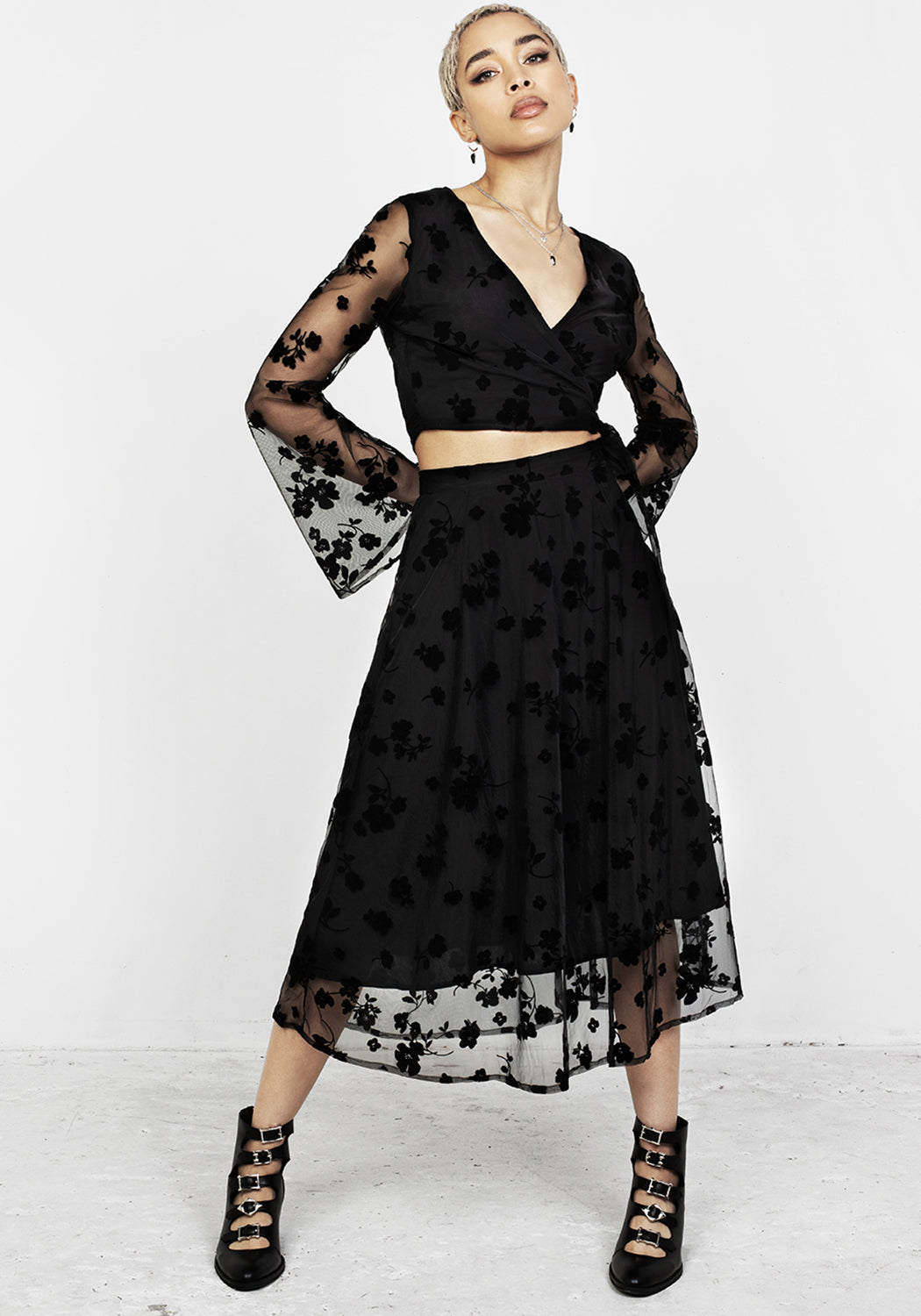 Black Midi Skirt with Sheer Floral Overlay | Stevie Flock Skirt