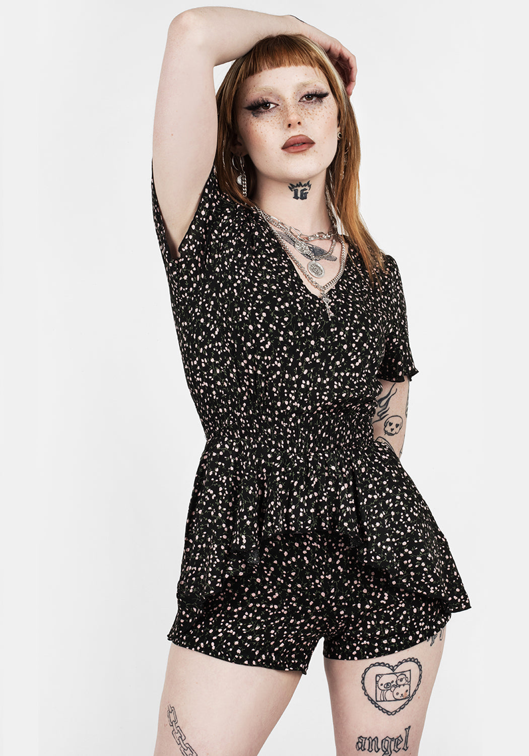 Floral Print Peplum Playsuit with V-Neck & Lettuce Hem | Valley Frill