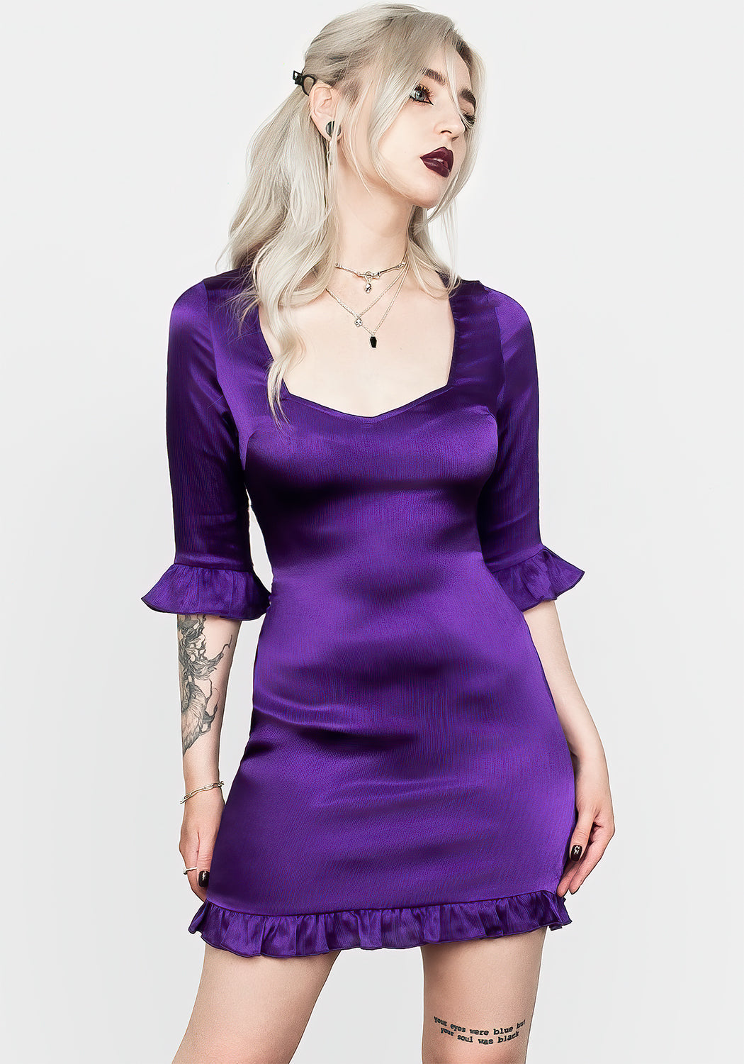 Violet Mini Dress with Sweetheart Neckline & Flared Cuffs | BIANCA