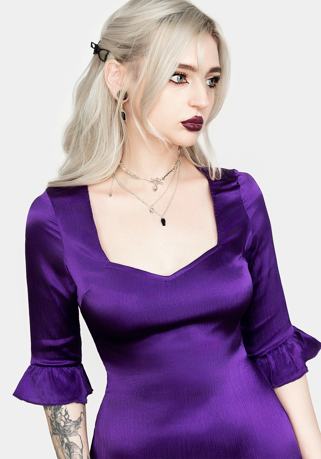 Violet Mini Dress with Sweetheart Neckline & Flared Cuffs | BIANCA