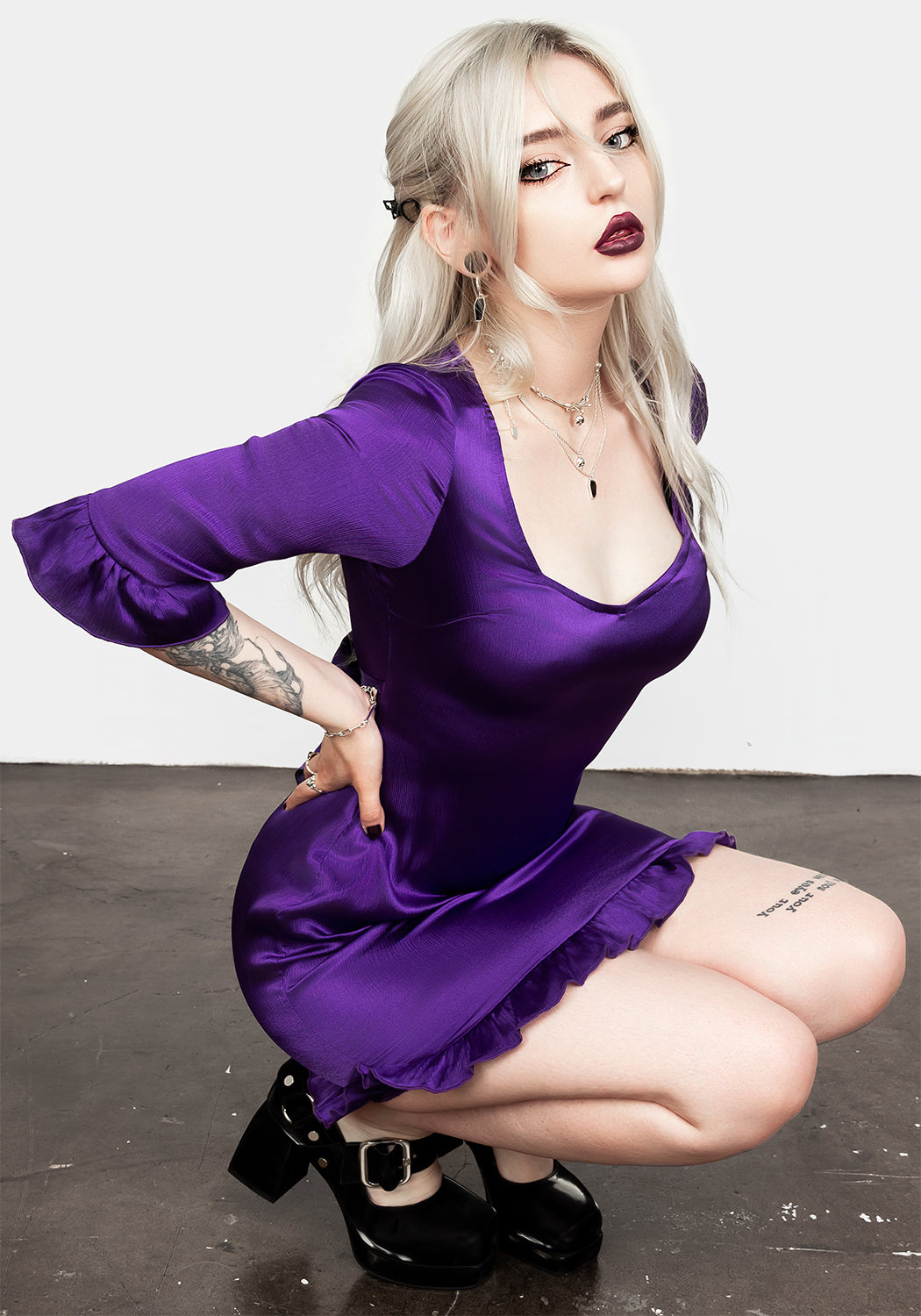 Violet Mini Dress with Sweetheart Neckline & Flared Cuffs | BIANCA