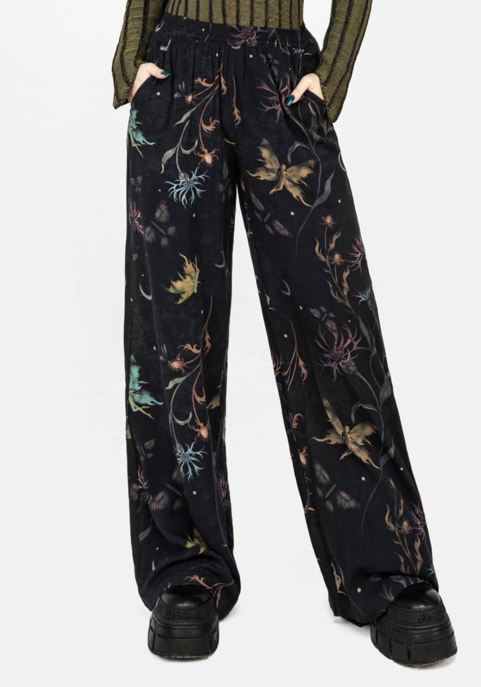 Floral Print Straight Leg Trousers with Elastic Waist | Rosanella