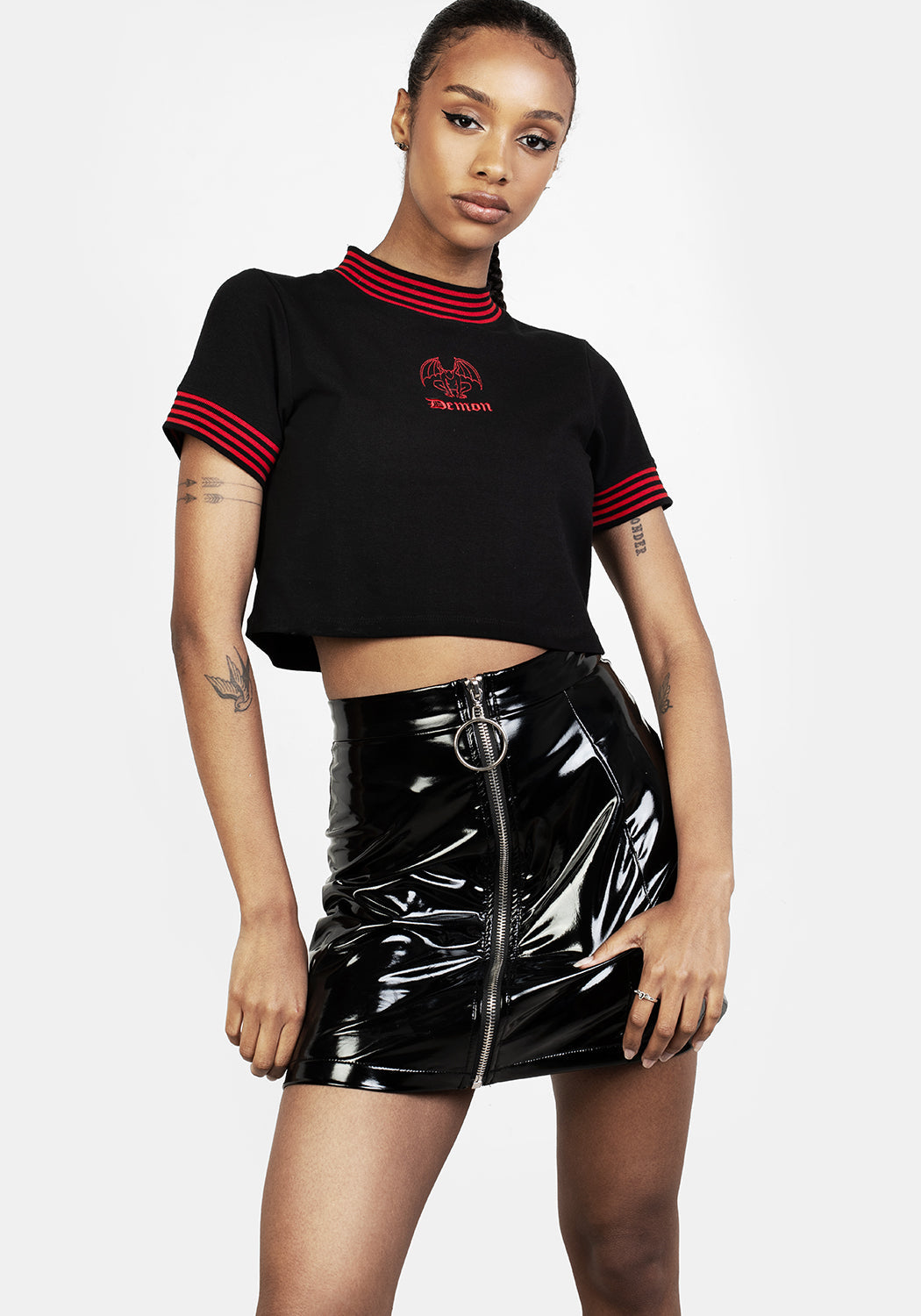 Black Graphic Crop Top with Embroidered Demon Design | Soft Stretch Baby Tee