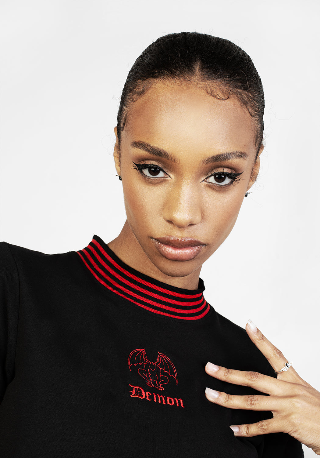 Black Graphic Crop Top with Embroidered Demon Design | Soft Stretch Baby Tee