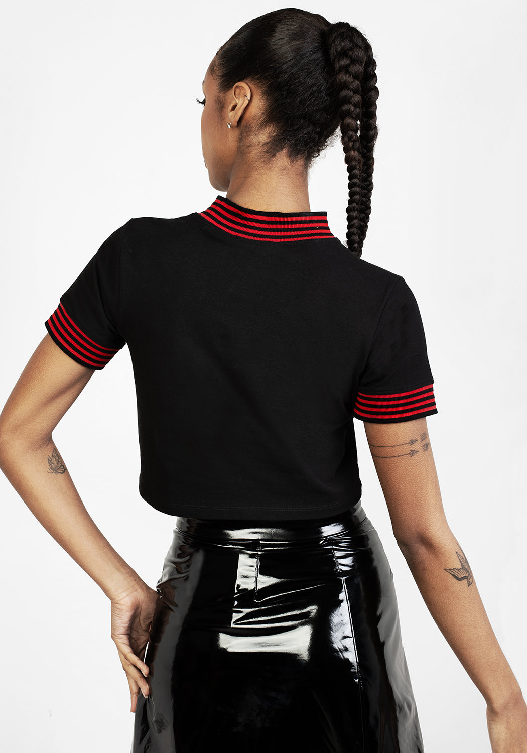 Black Graphic Crop Top with Embroidered Demon Design | Soft Stretch Baby Tee