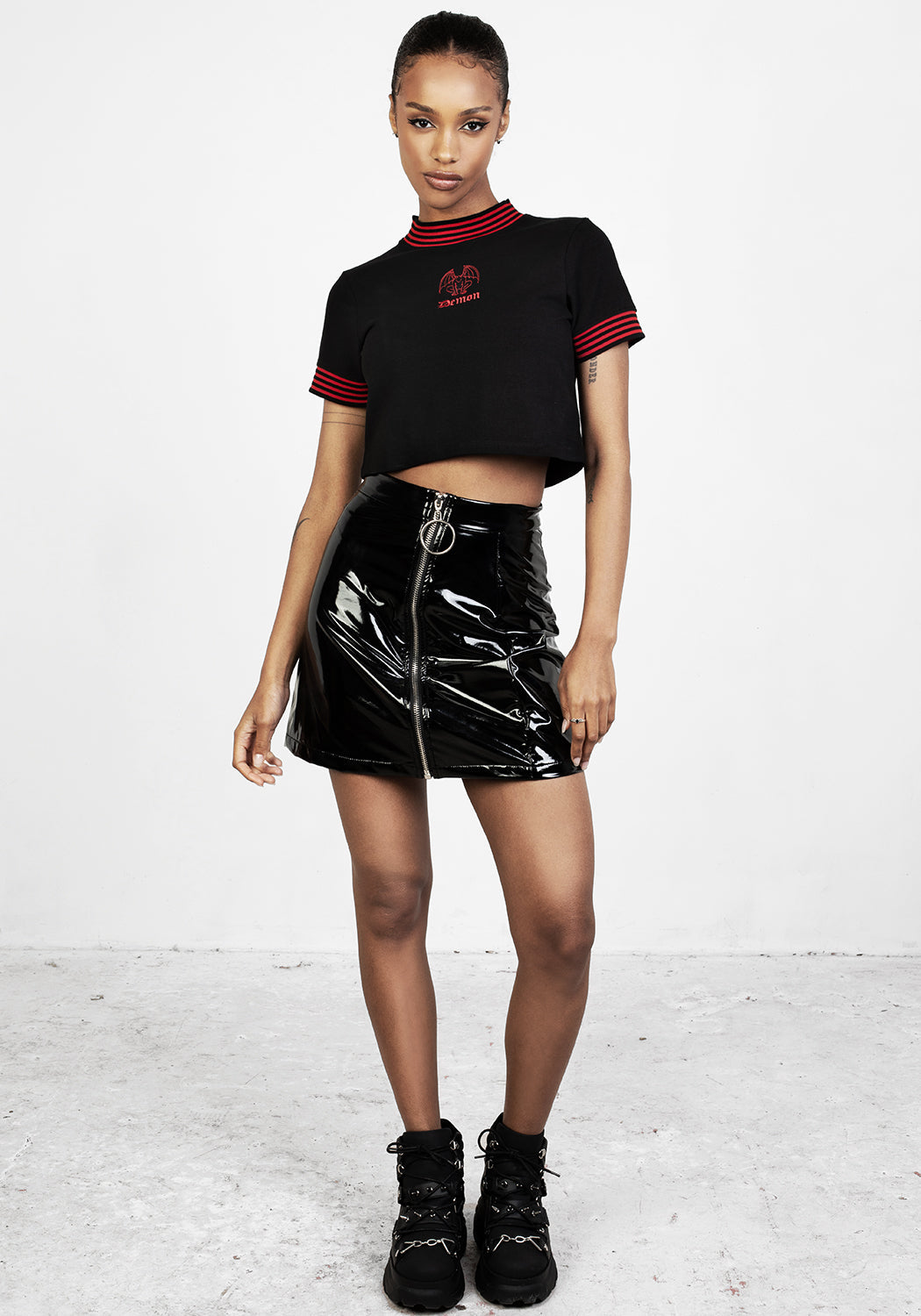 Black Graphic Crop Top with Embroidered Demon Design | Soft Stretch Baby Tee