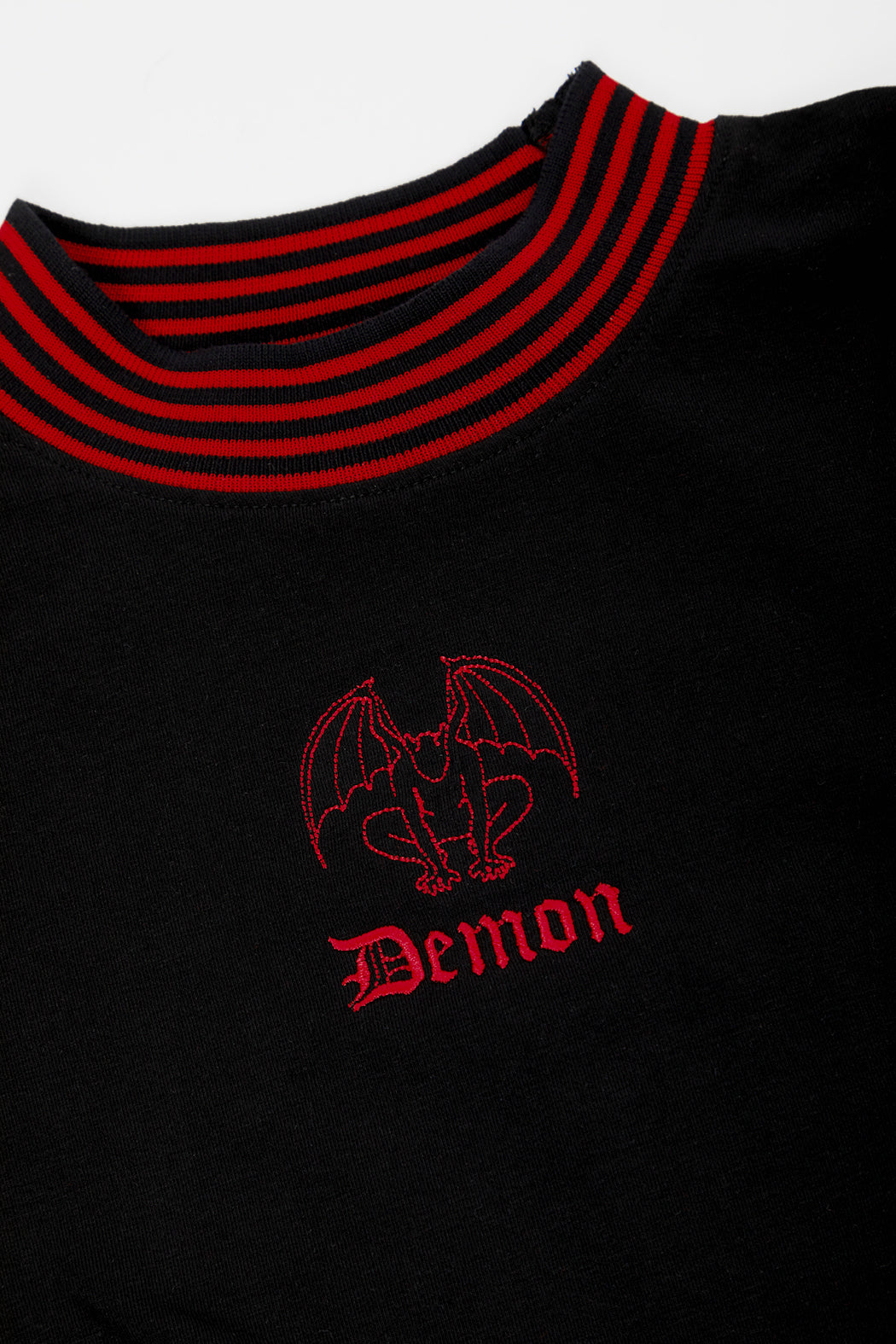 Black Graphic Crop Top with Embroidered Demon Design | Soft Stretch Baby Tee