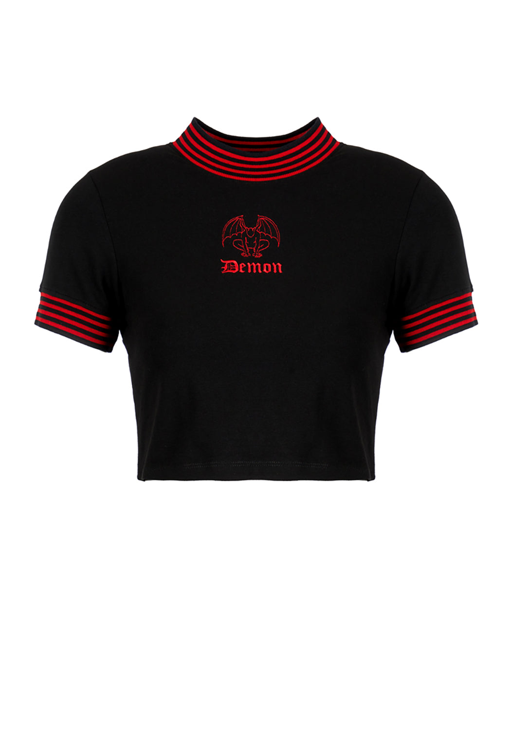 Black Graphic Crop Top with Embroidered Demon Design | Soft Stretch Baby Tee