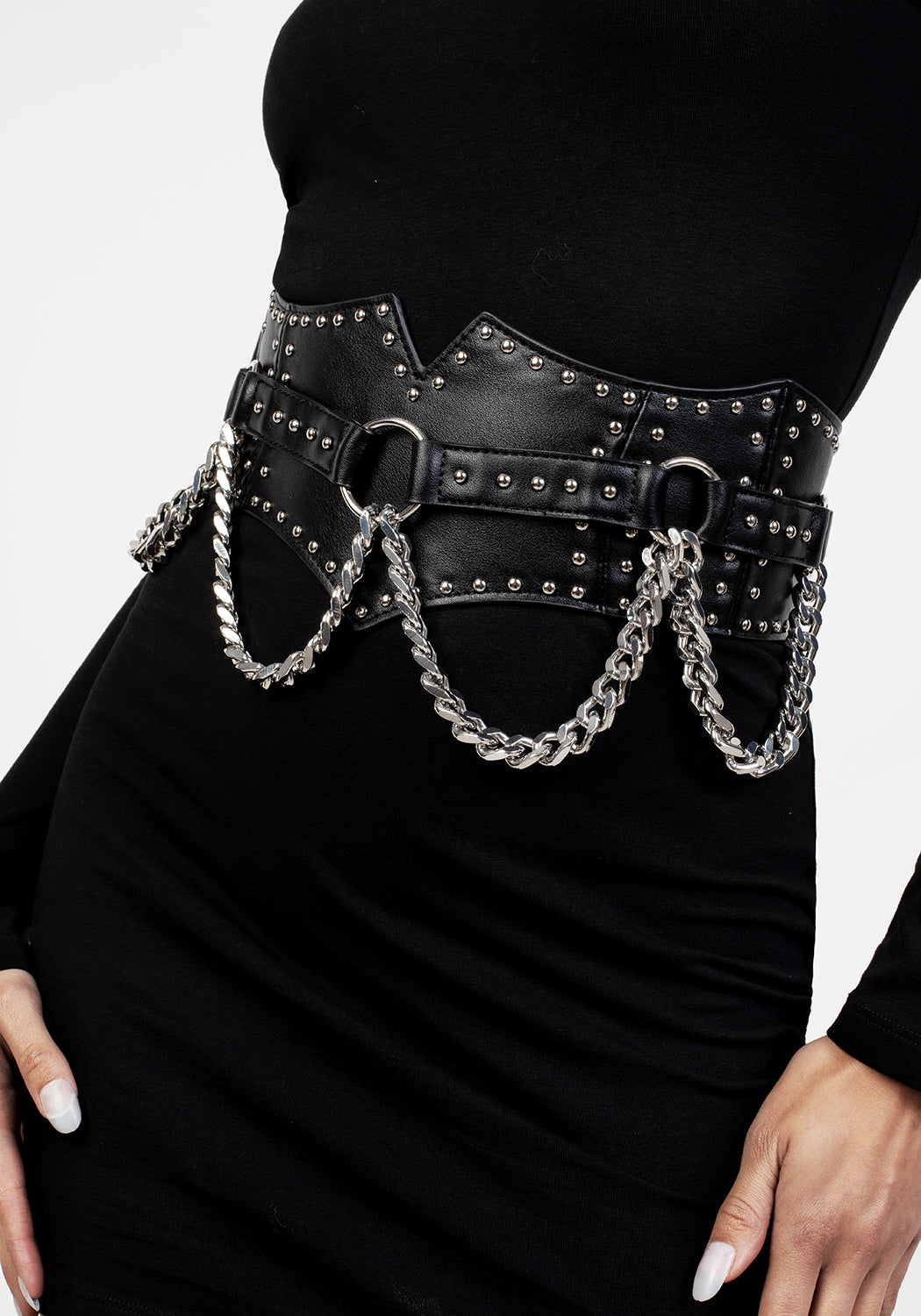 Studded Waist Belt with Silver Chains & Adjustable Buckle | Nadja