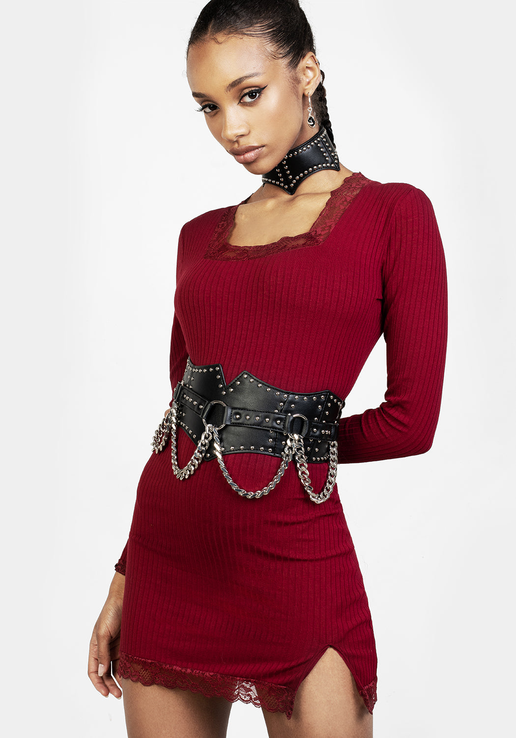 Studded Waist Belt with Silver Chains & Adjustable Buckle | Nadja