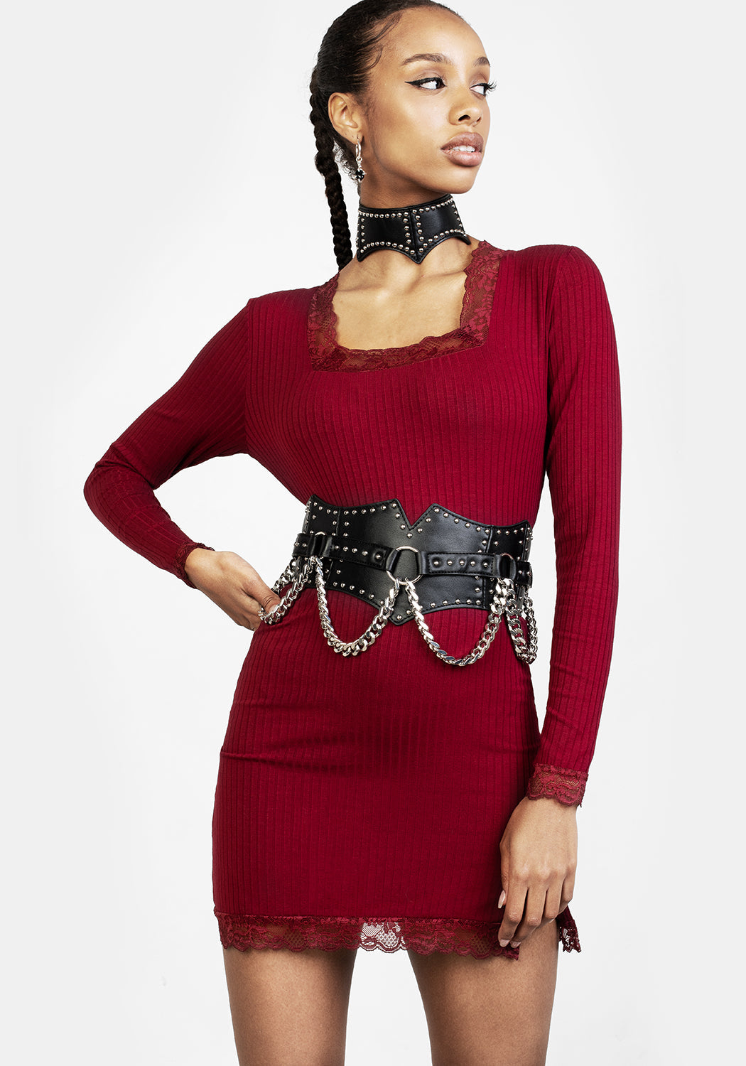 Studded Waist Belt with Silver Chains & Adjustable Buckle | Nadja