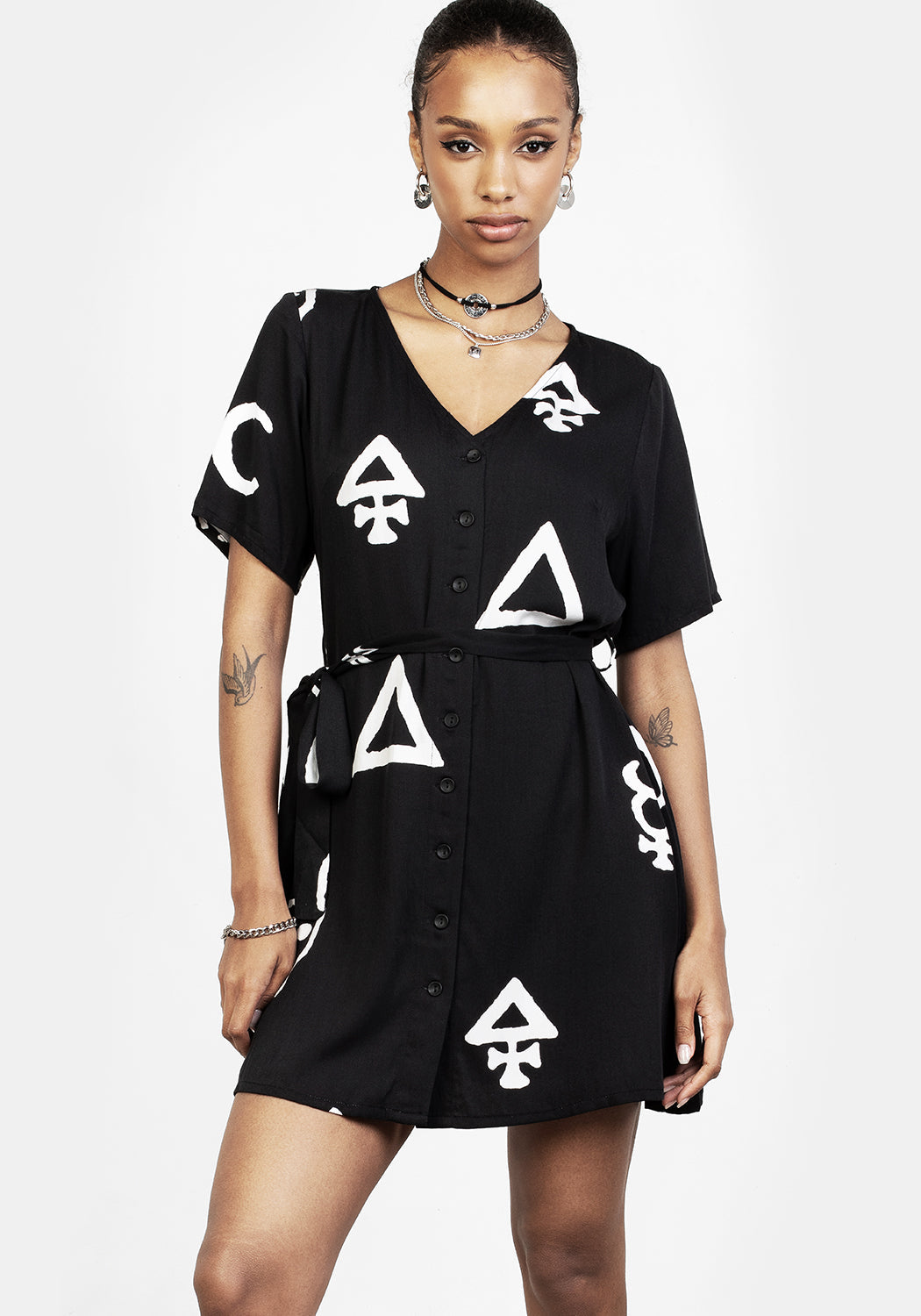 Black Button-Up Mini Dress with Belt Tie & Alchemic Print | Alchemy