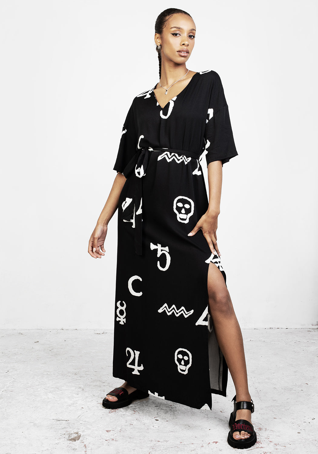 Black Maxi Dress with Alchemic Print & V-Neck | Alchemy Kaftan