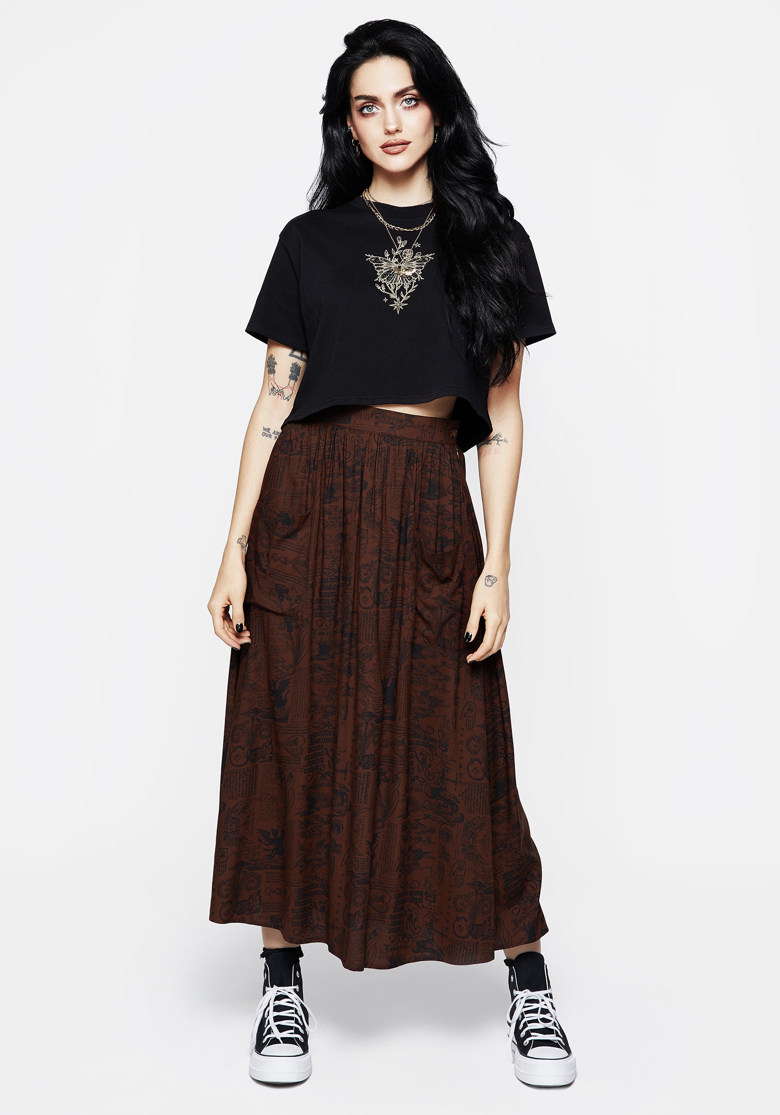 Brown Woodcut Print Midaxi Skirt with Pockets | Daemonologie