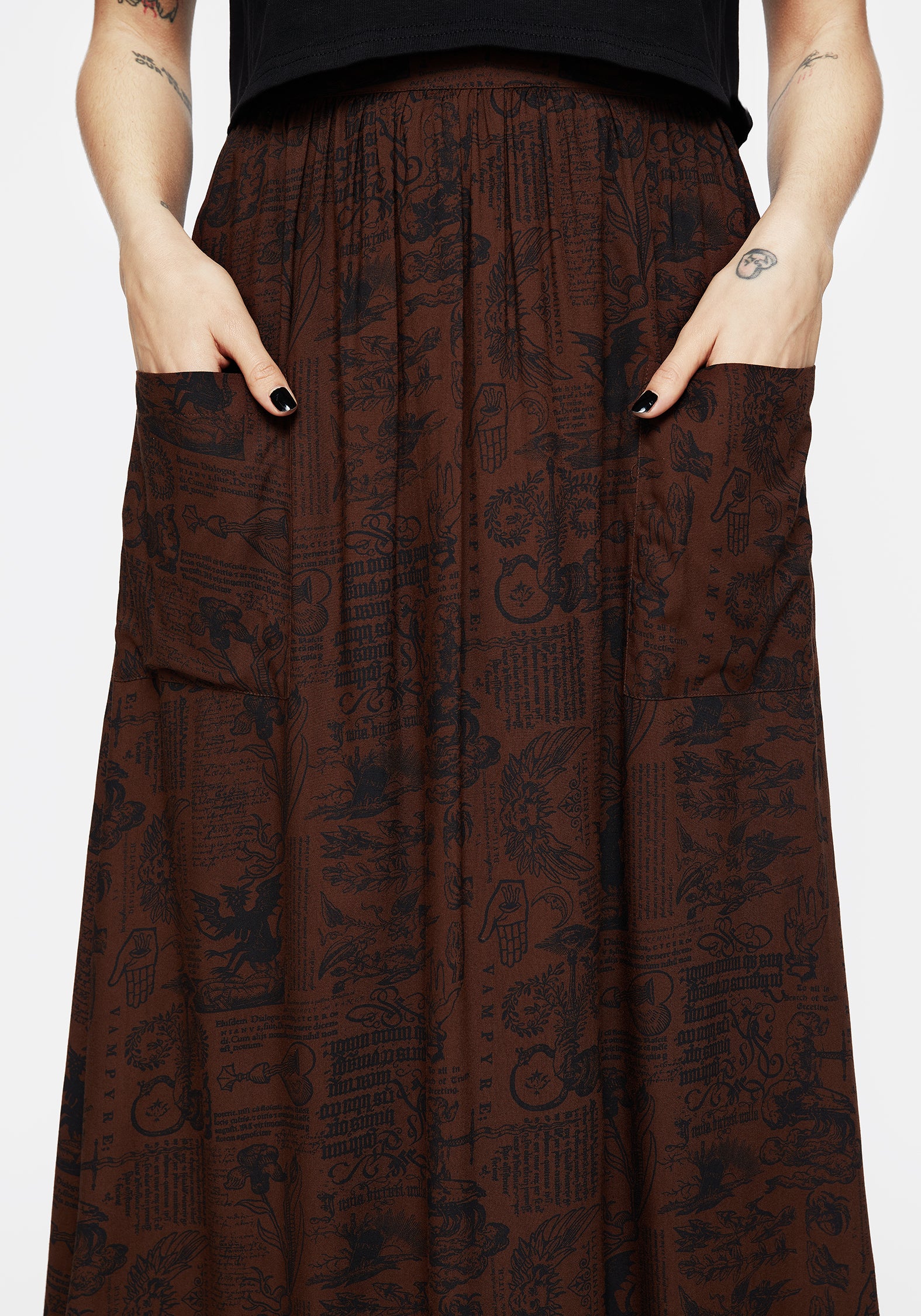 Brown Woodcut Print Midaxi Skirt with Pockets | Daemonologie