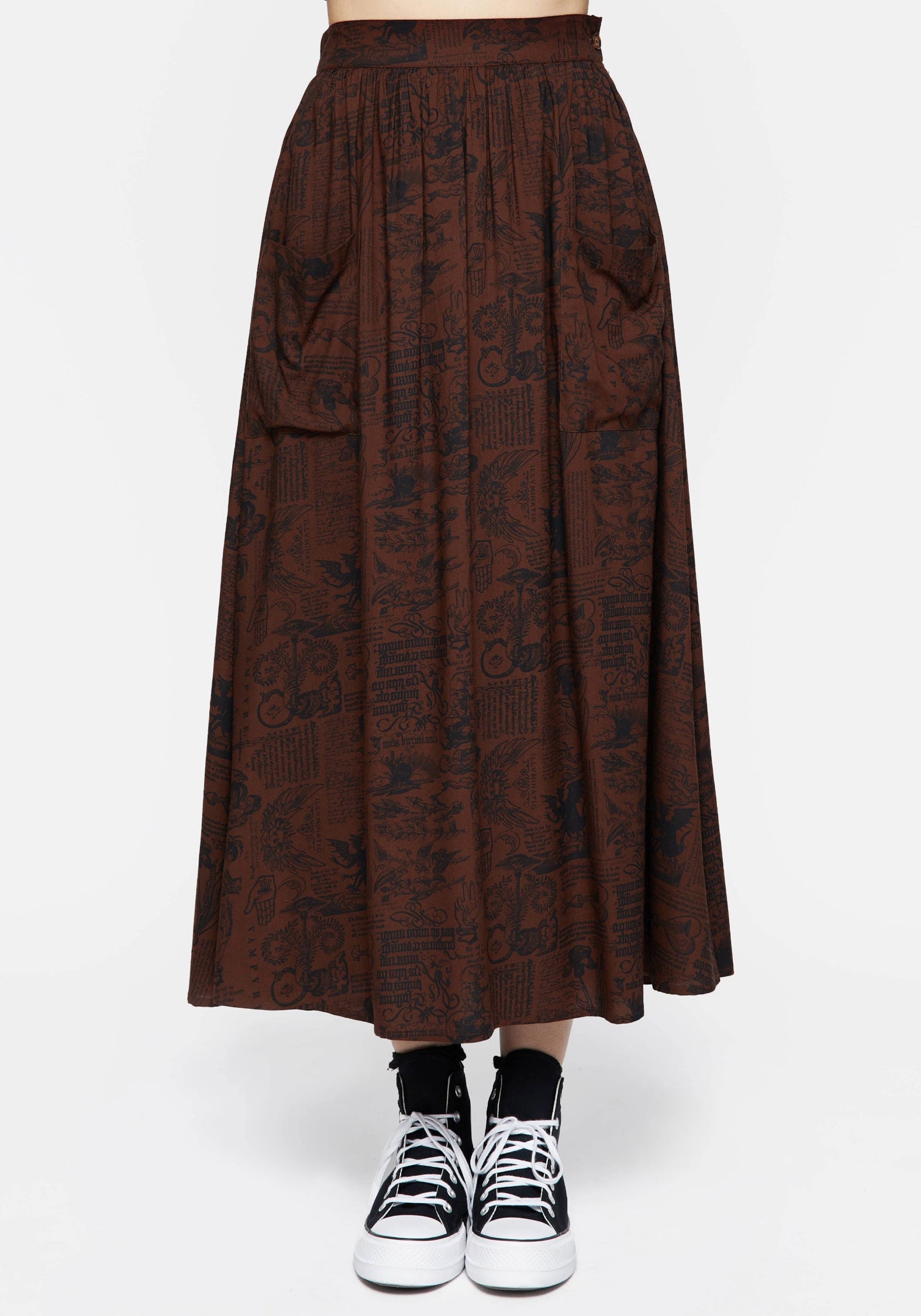 Brown Woodcut Print Midaxi Skirt with Pockets | Daemonologie