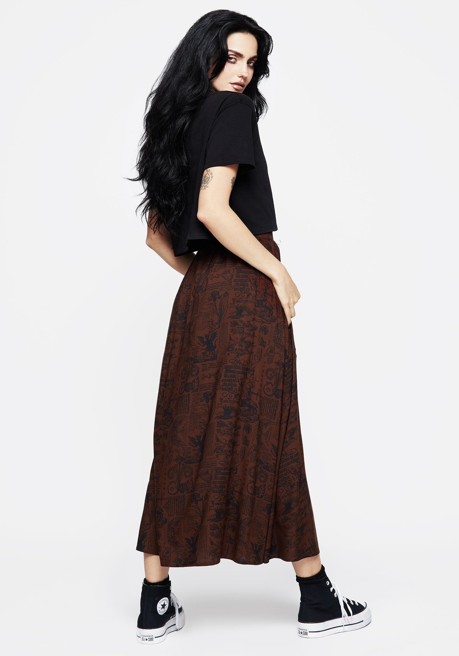 Brown Woodcut Print Midaxi Skirt with Pockets | Daemonologie