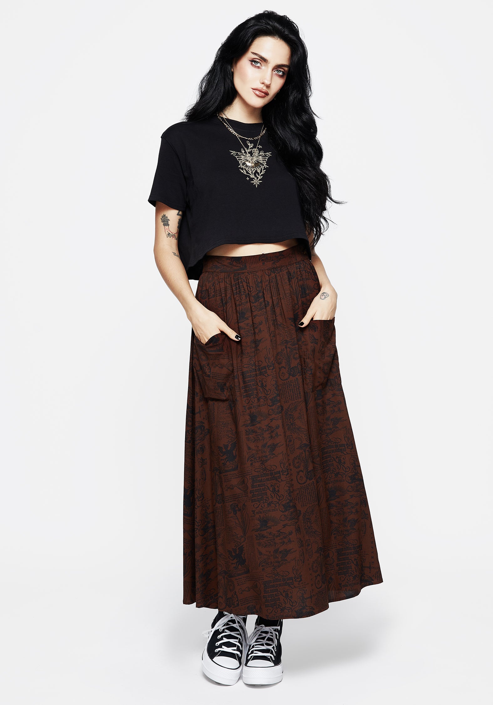 Brown Woodcut Print Midaxi Skirt with Pockets | Daemonologie