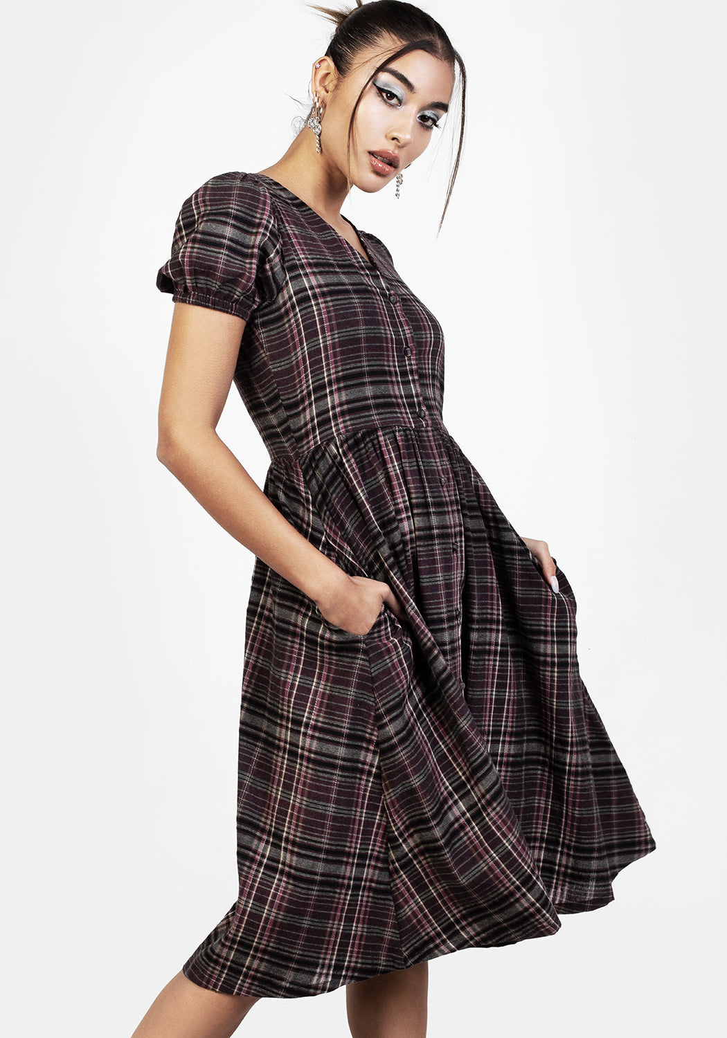 Grunge Purple Midi Smock Dress with Puff Sleeves & Pockets | Hylda