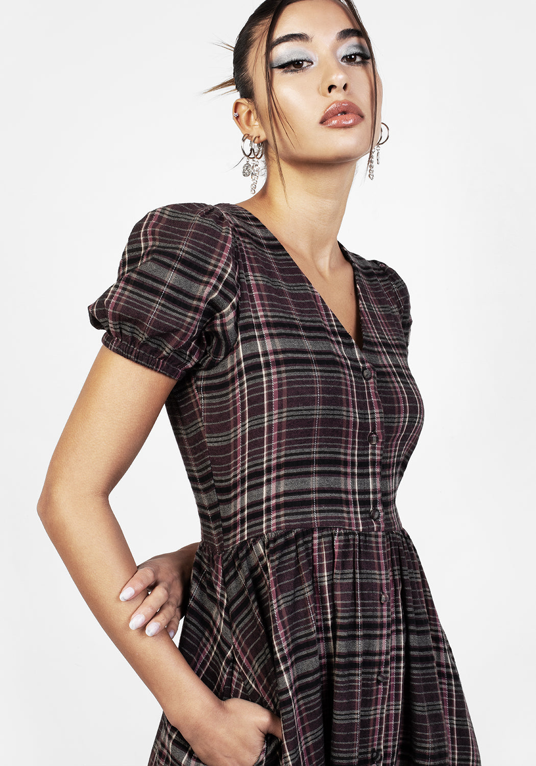Grunge Purple Midi Smock Dress with Puff Sleeves & Pockets | Hylda