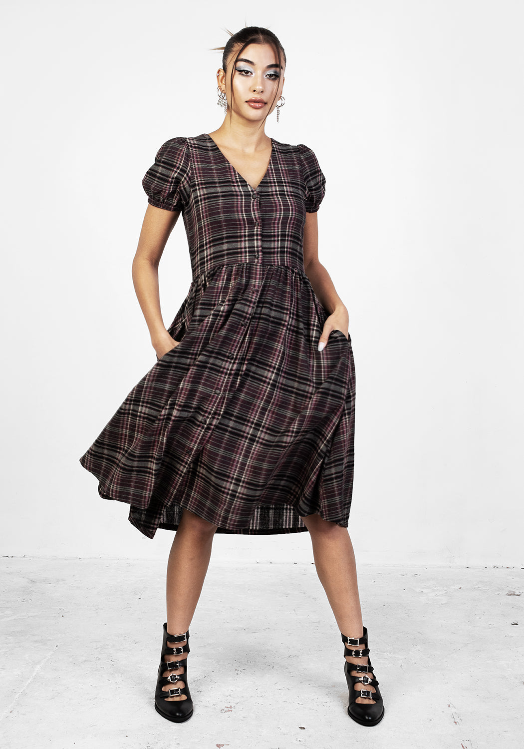 Grunge Purple Midi Smock Dress with Puff Sleeves & Pockets | Hylda
