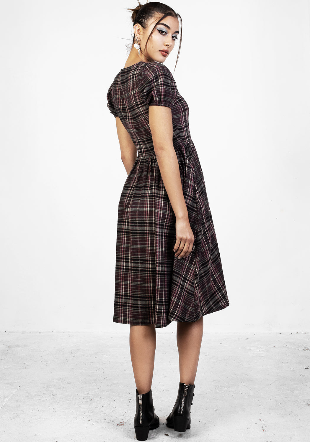 Grunge Purple Midi Smock Dress with Puff Sleeves & Pockets | Hylda