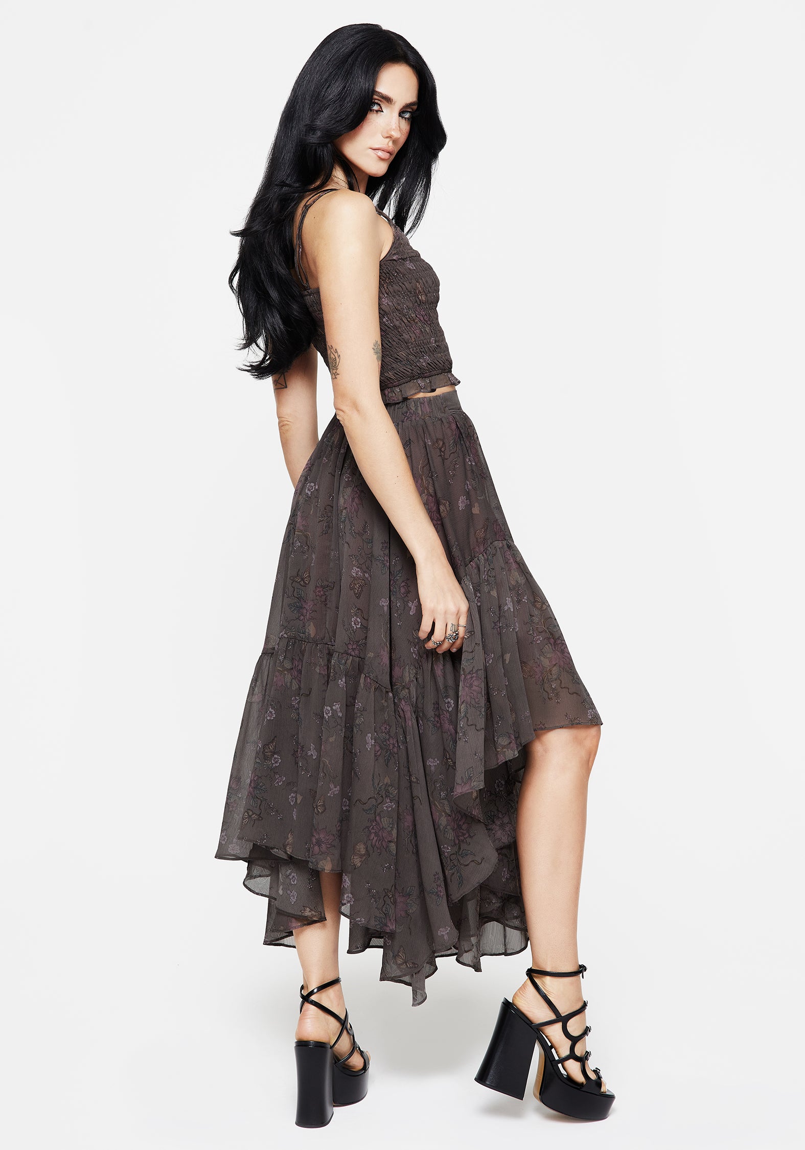 Floral Handkerchief Hem Skirt with Elastic Waist | Arnora