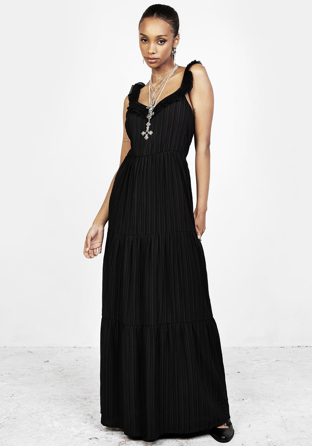 Black Cross Back Maxi Dress with Ruffled Straps | Mayqueen
