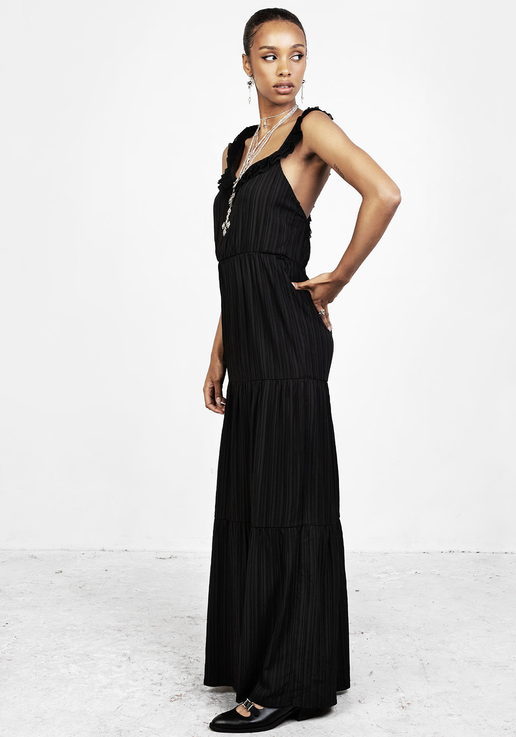 Black Cross Back Maxi Dress with Ruffled Straps | Mayqueen