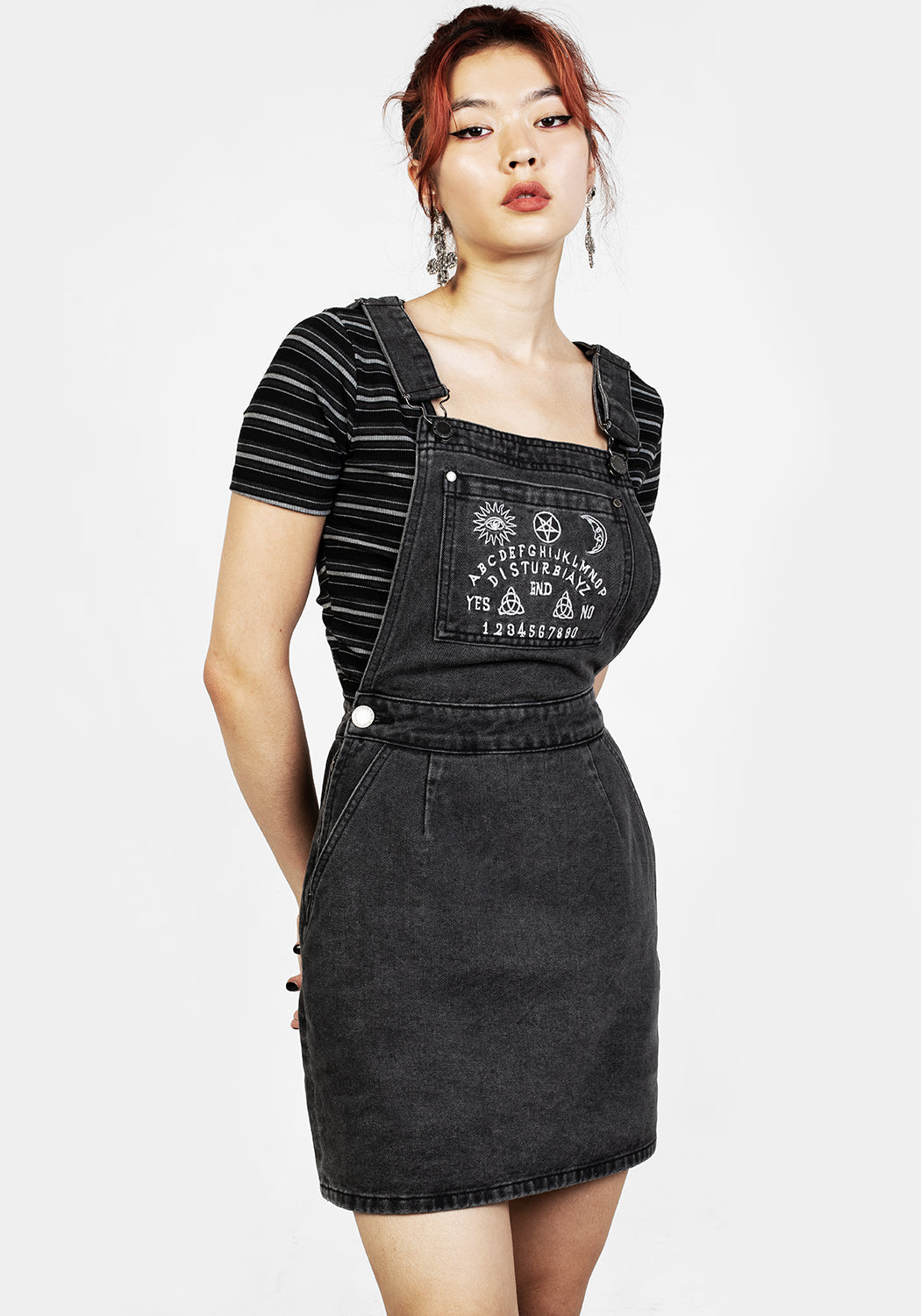 Grey Embroidered Denim Dungaree Dress with Adjustable Straps | Vision Dad